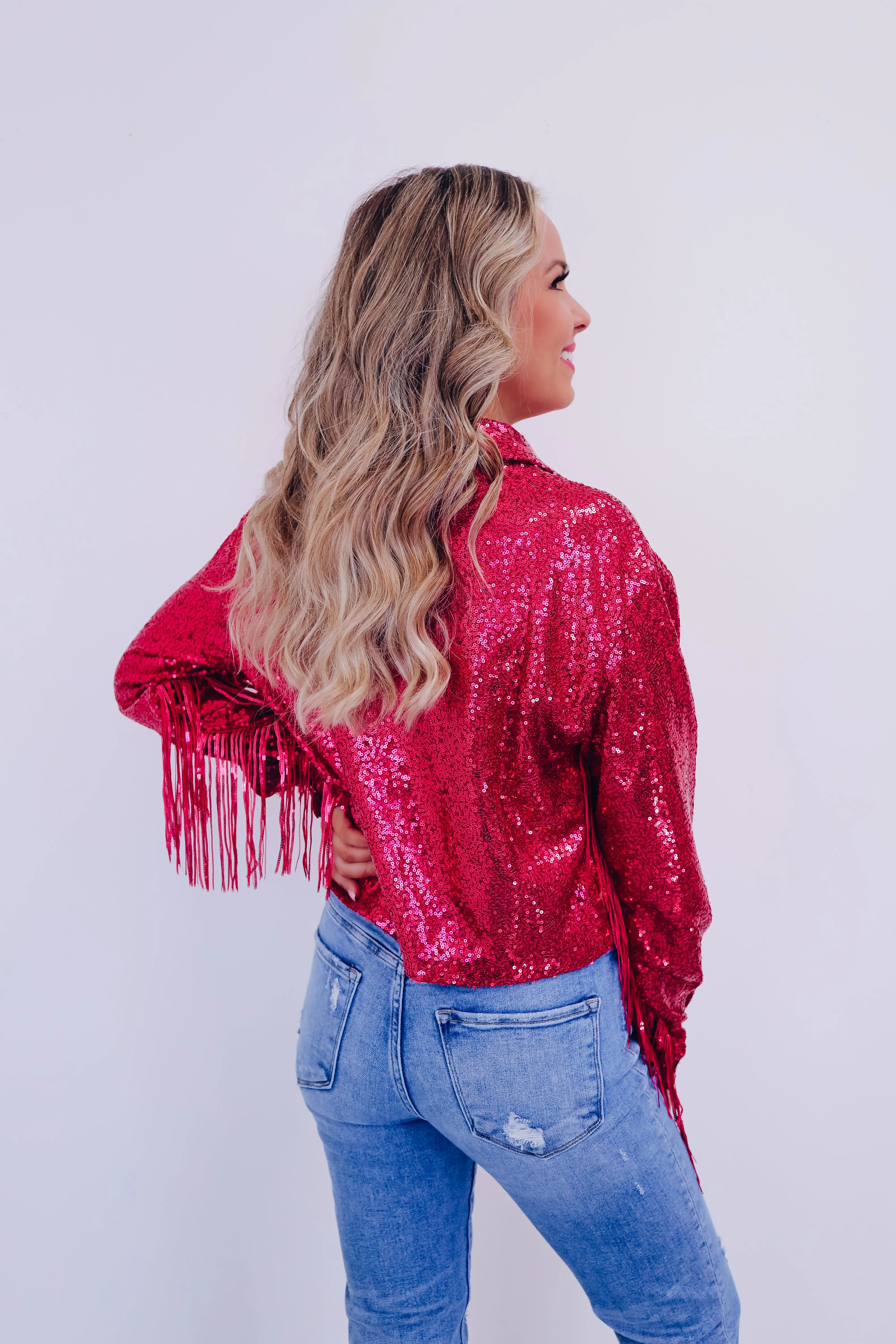 Shimmering Sequin Fringe Cropped Jacket - Pink