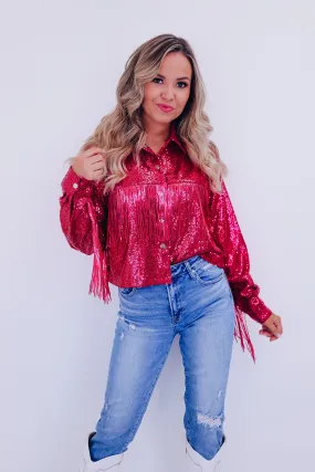 Shimmering Sequin Fringe Cropped Jacket - Pink