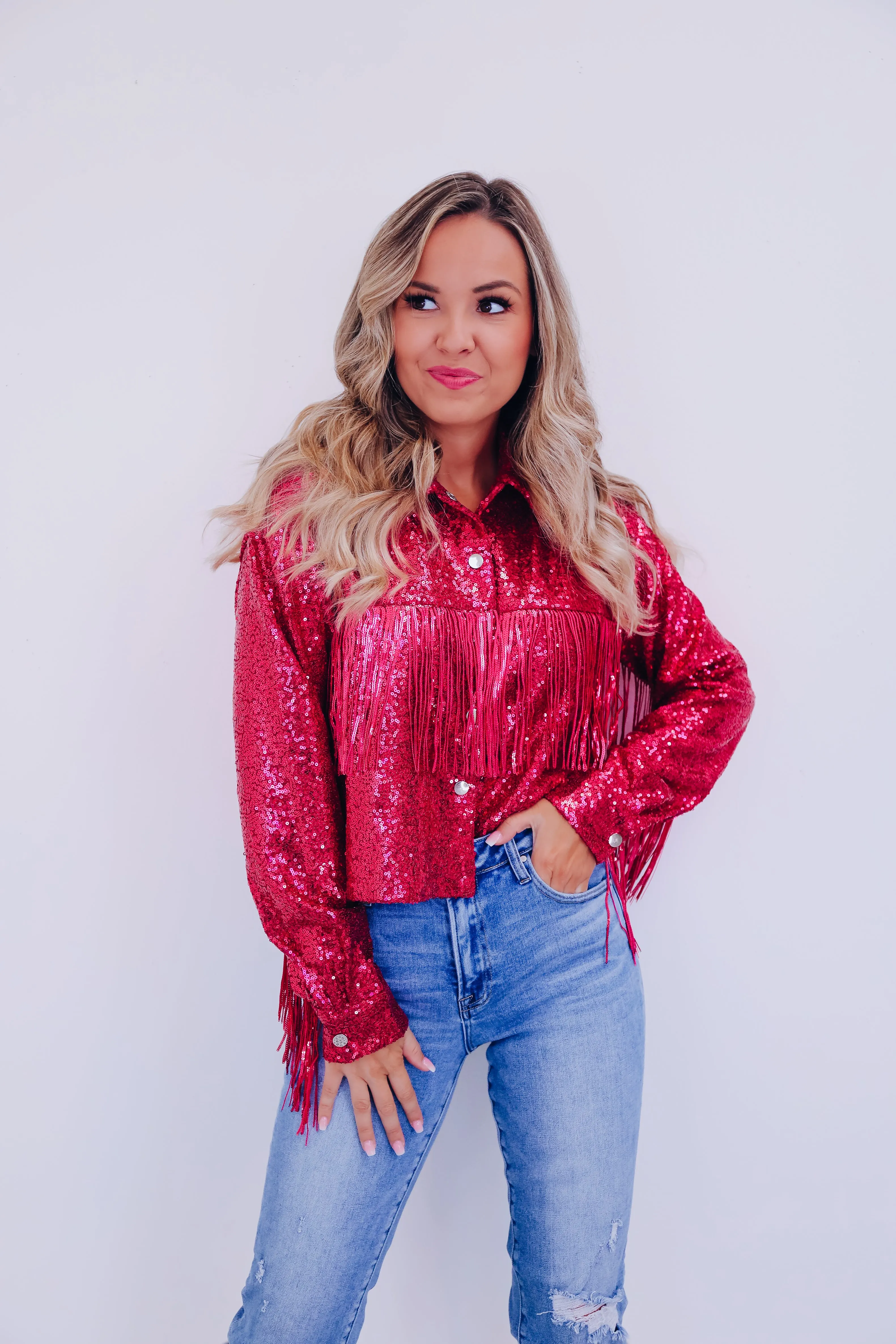 Shimmering Sequin Fringe Cropped Jacket - Pink