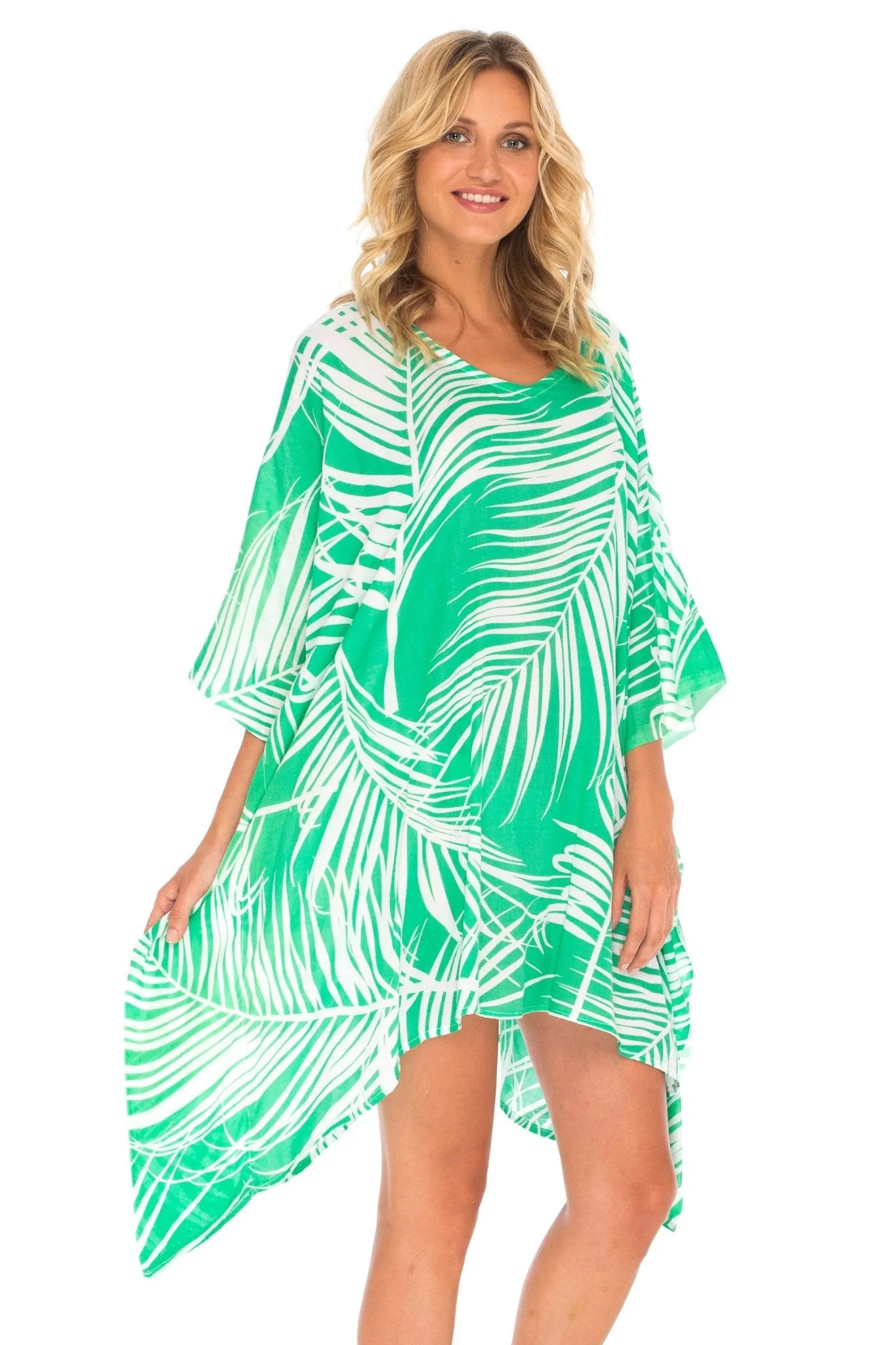 SHU-SHI PalmPrint Short Poncho Kaftan Top - Women's Beach Dress Swimwear, One Size