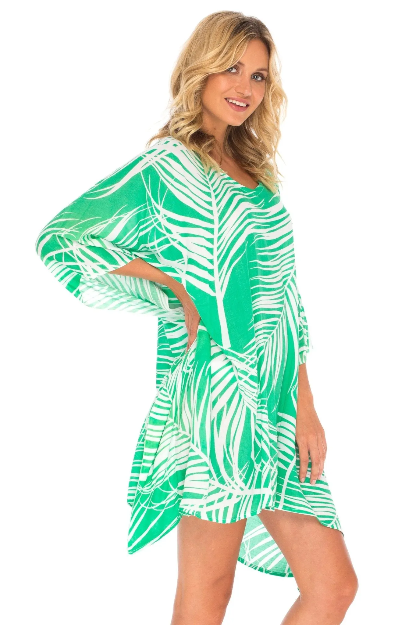 SHU-SHI PalmPrint Short Poncho Kaftan Top - Women's Beach Dress Swimwear, One Size