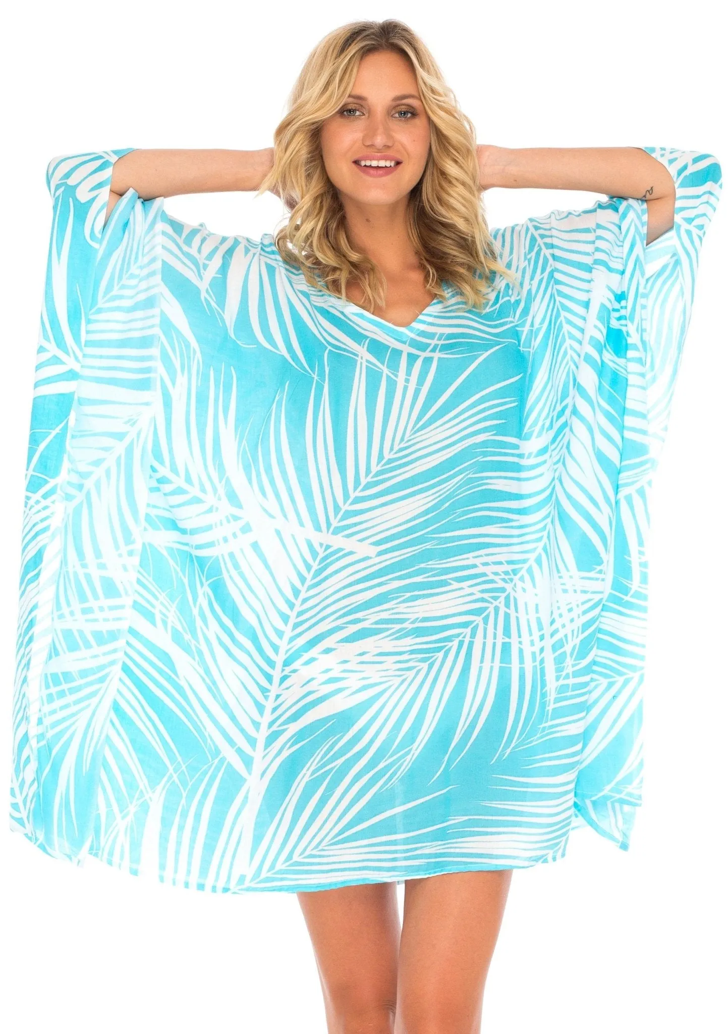 SHU-SHI PalmPrint Short Poncho Kaftan Top - Women's Beach Dress Swimwear, One Size