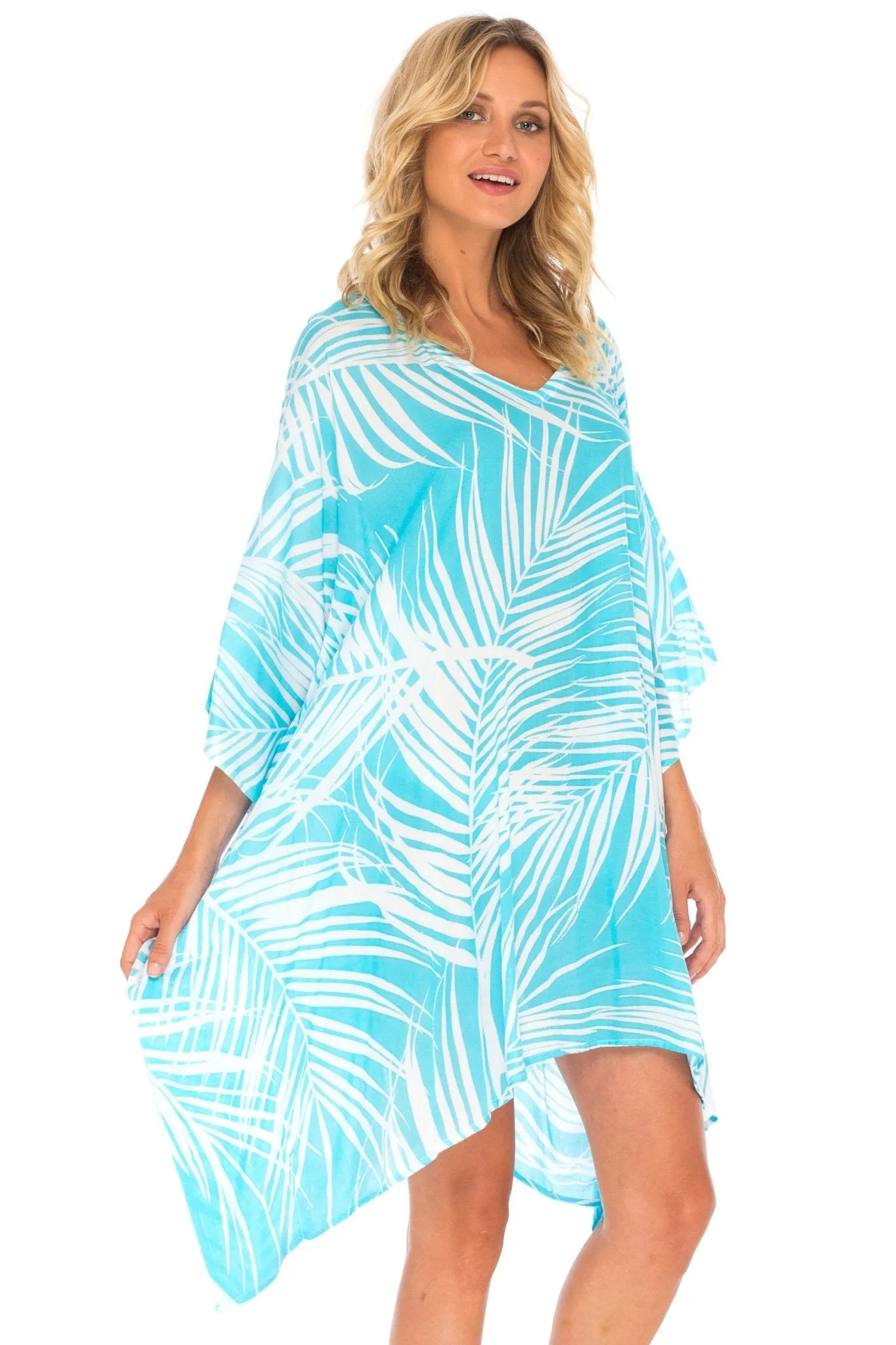 SHU-SHI PalmPrint Short Poncho Kaftan Top - Women's Beach Dress Swimwear, One Size