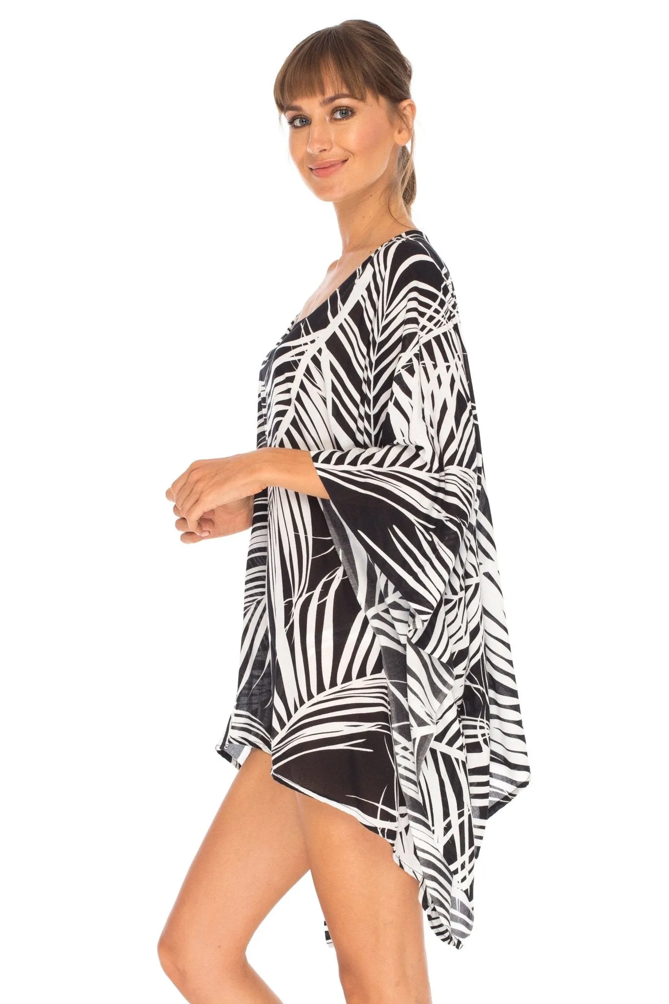 SHU-SHI PalmPrint Short Poncho Kaftan Top - Women's Beach Dress Swimwear, One Size