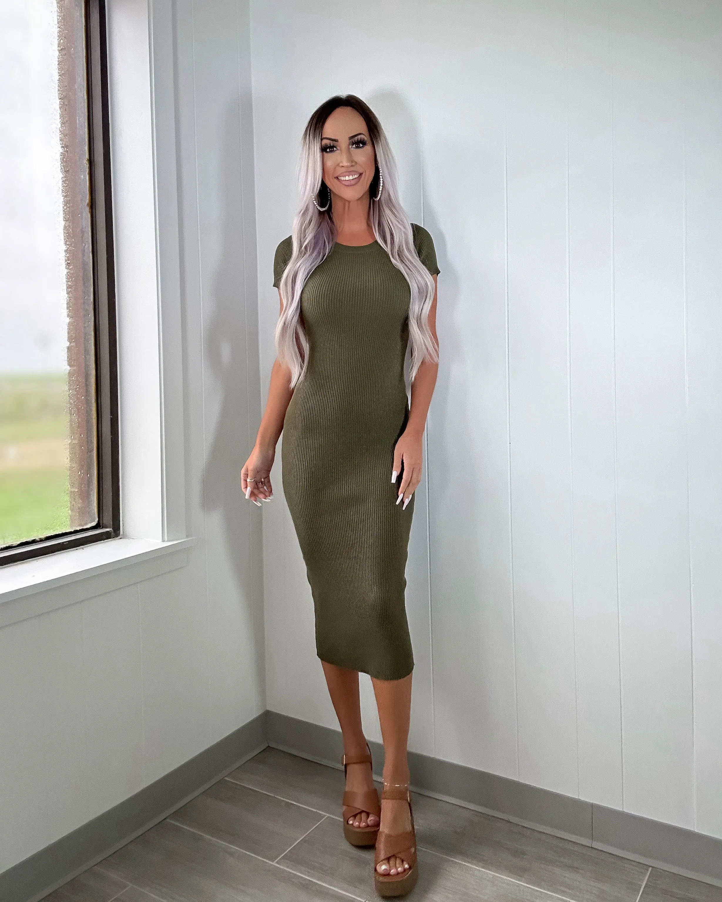 Simply Thriving Ribbed Midi Dress - Olive