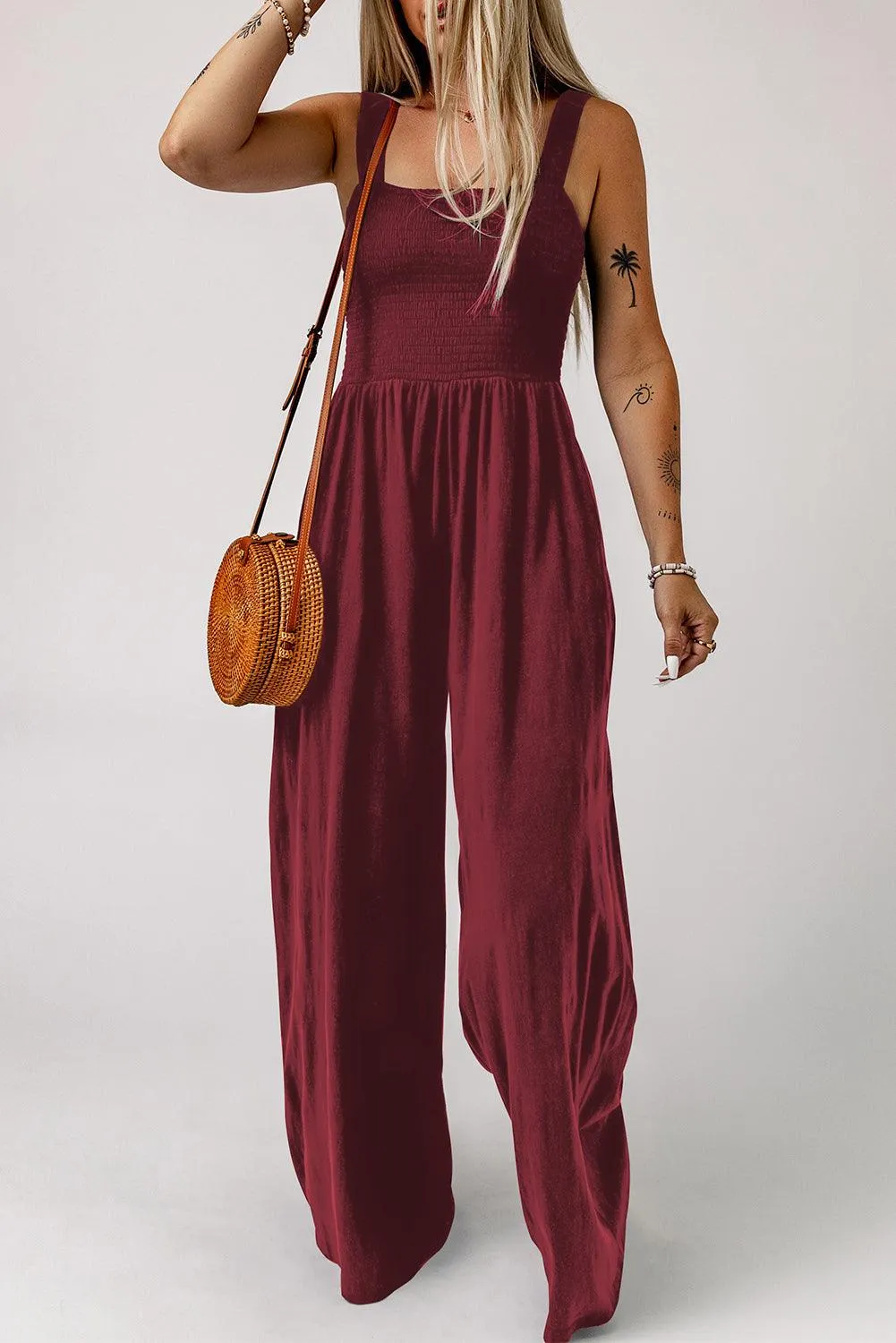 Smocked Square Neck Wide Leg Jumpsuit with Pockets