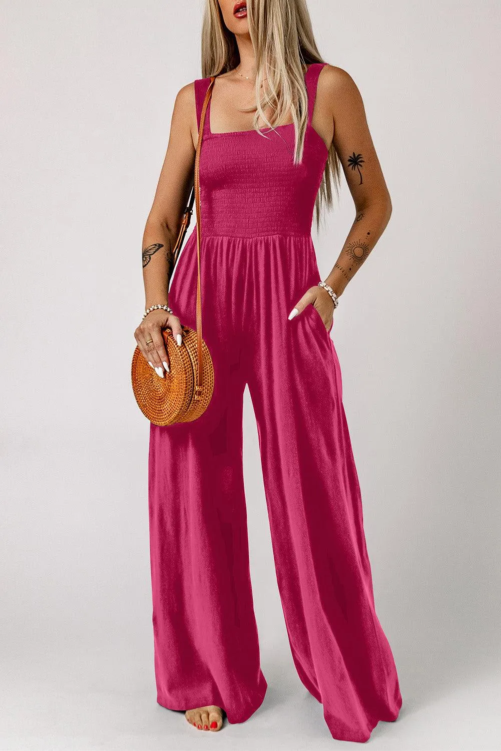 Smocked Square Neck Wide Leg Jumpsuit with Pockets