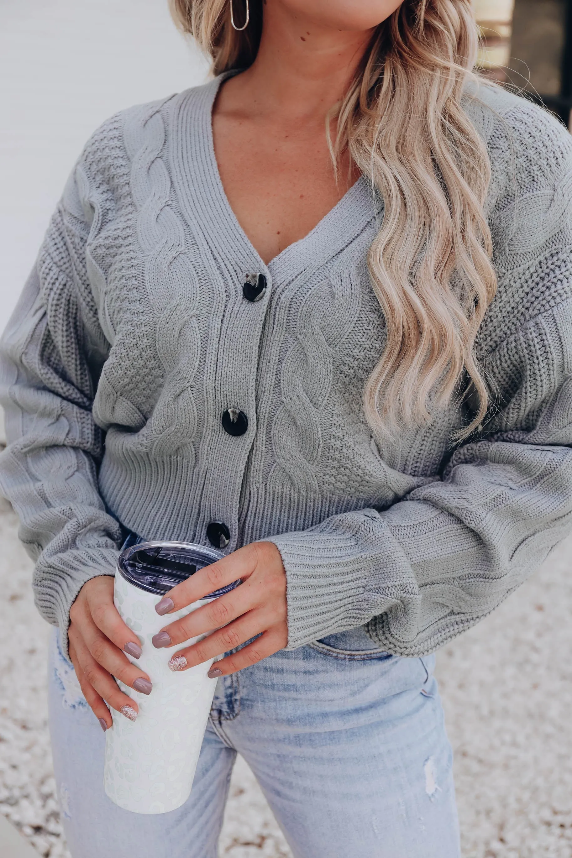 Snuggly Button Up Cropped Cardigan - Sage