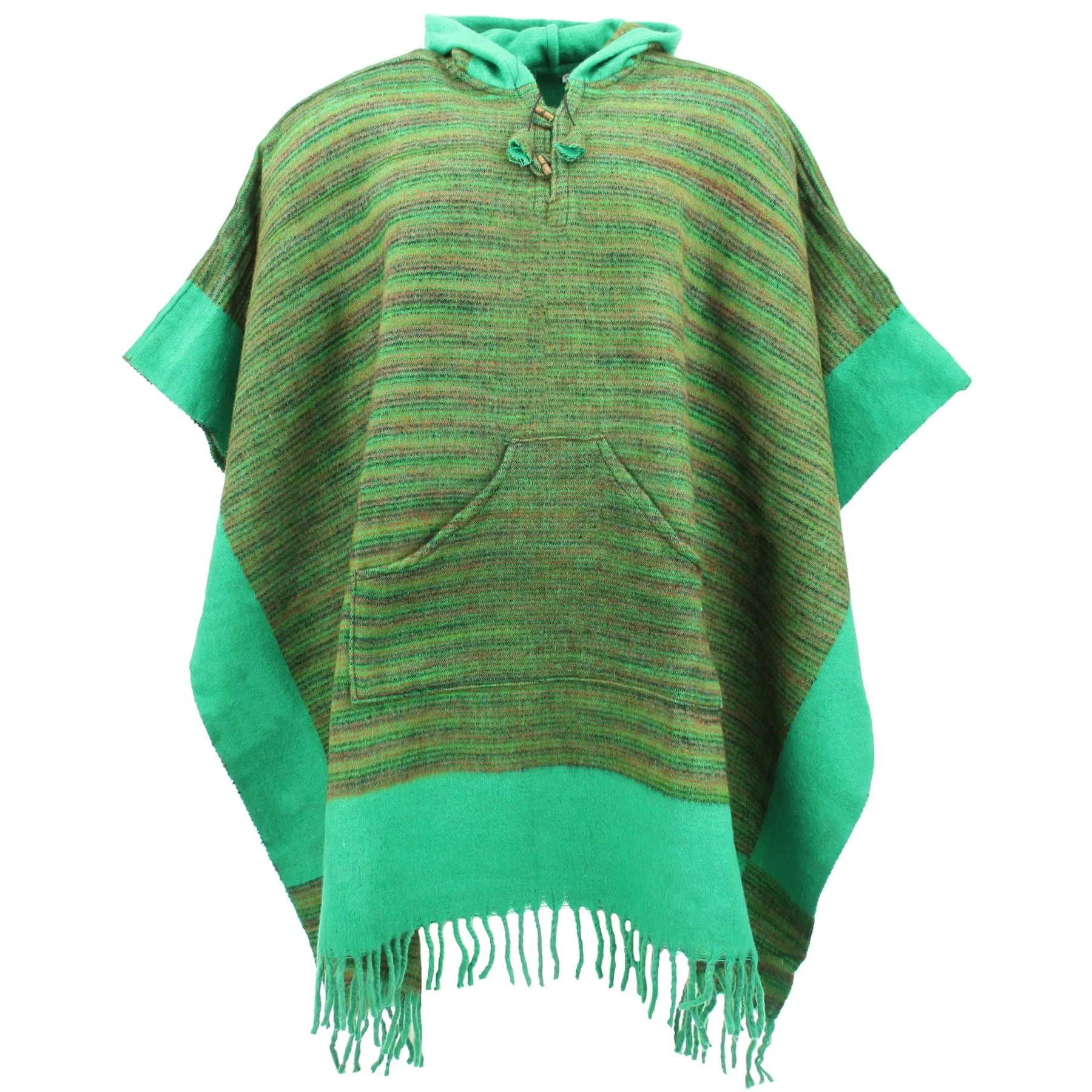 Soft Vegan Wool Hooded Tibet Poncho - Green & Light Green