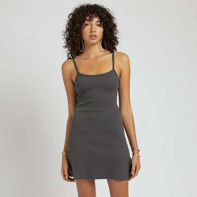 Solid Basic Sexy Spaghetti Strapped Sleeveless High Waist Casual Short Mini Dress for Summer