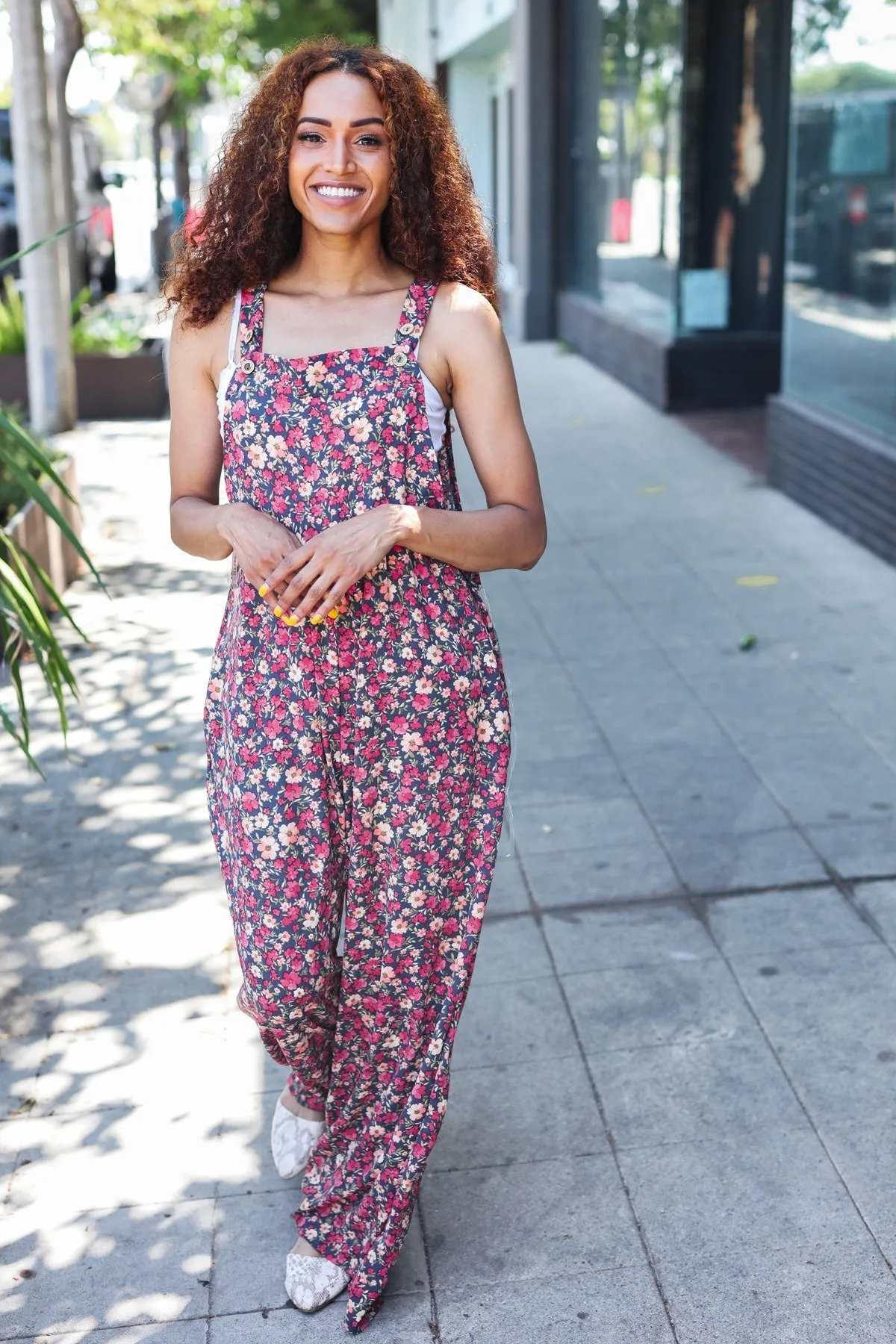 Stand Out Navy Floral Print Baggy Overall Jumpsuit (Shipping in 1-2 Weeks)