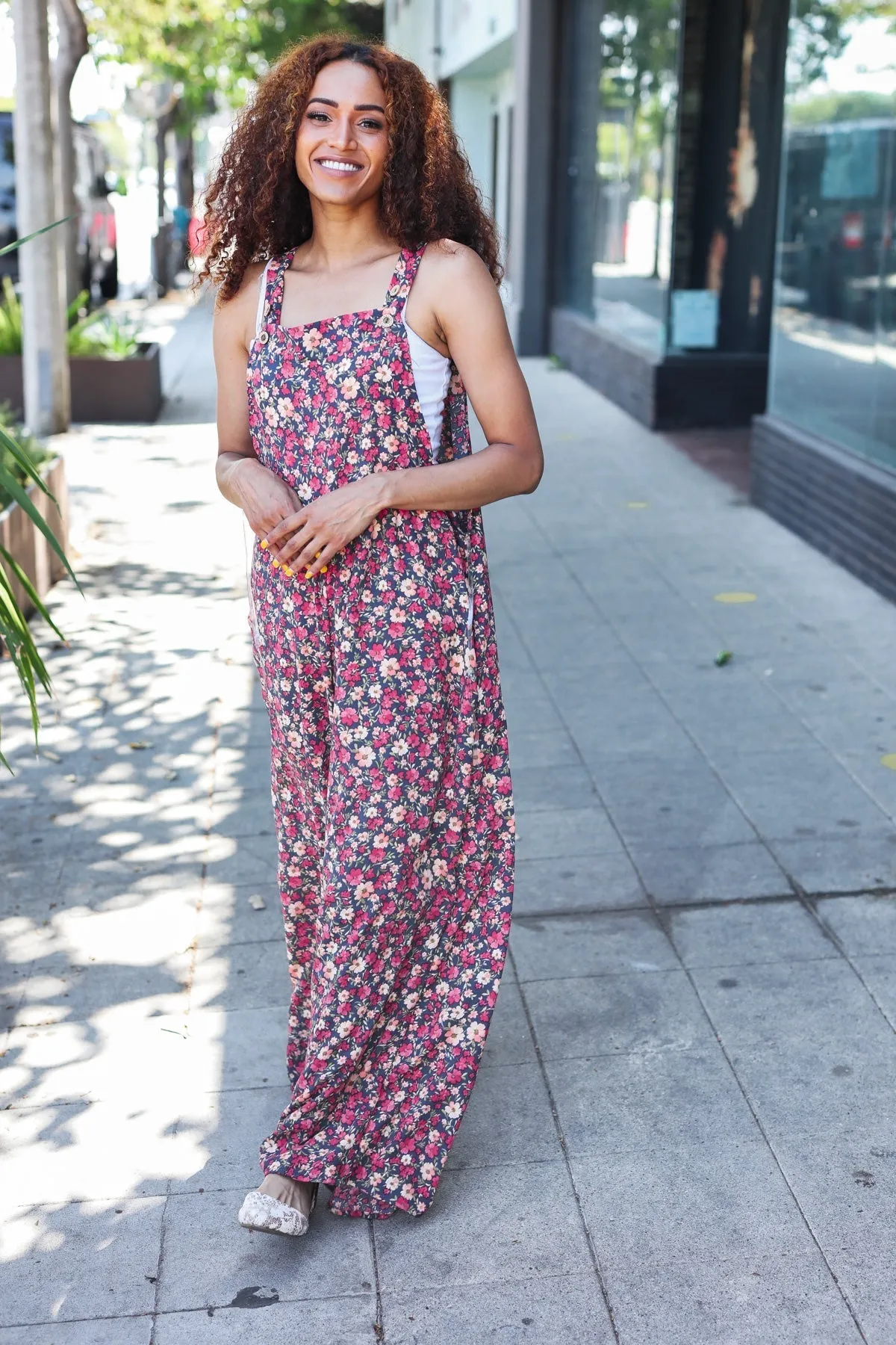 Stand Out Navy Floral Print Baggy Overall Jumpsuit (Shipping in 1-2 Weeks)