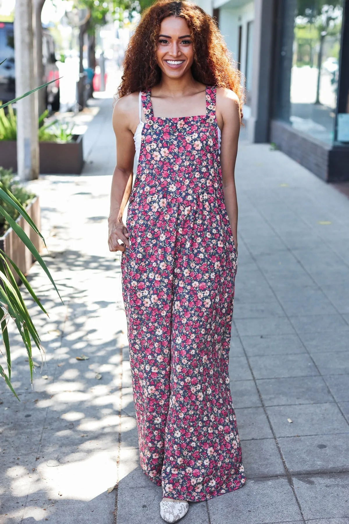 Stand Out Navy Floral Print Baggy Overall Jumpsuit (Shipping in 1-2 Weeks)