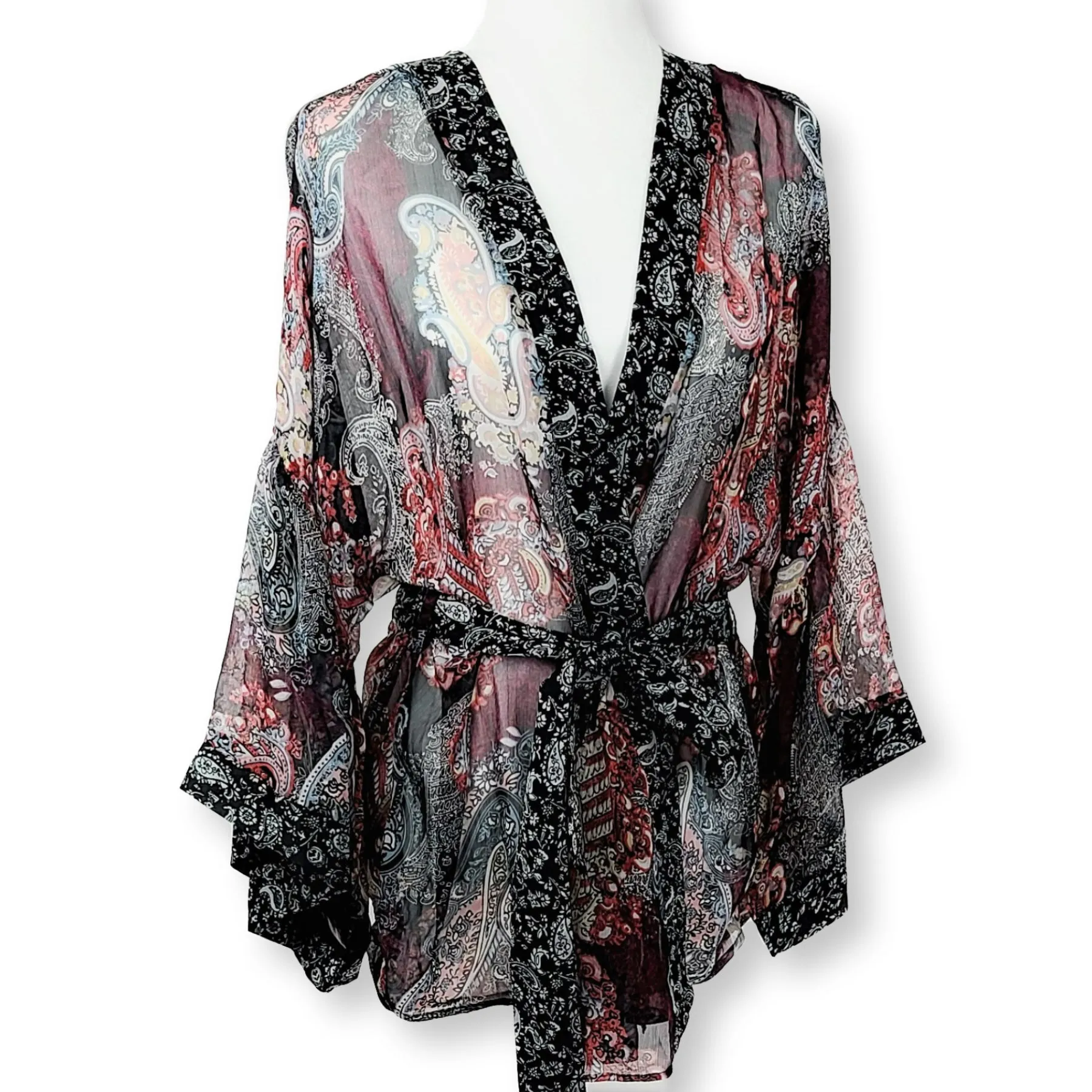 Steve Madden Women's Boho Semi-sheer Paisley Print Belted Kimono Cover-Up / Top