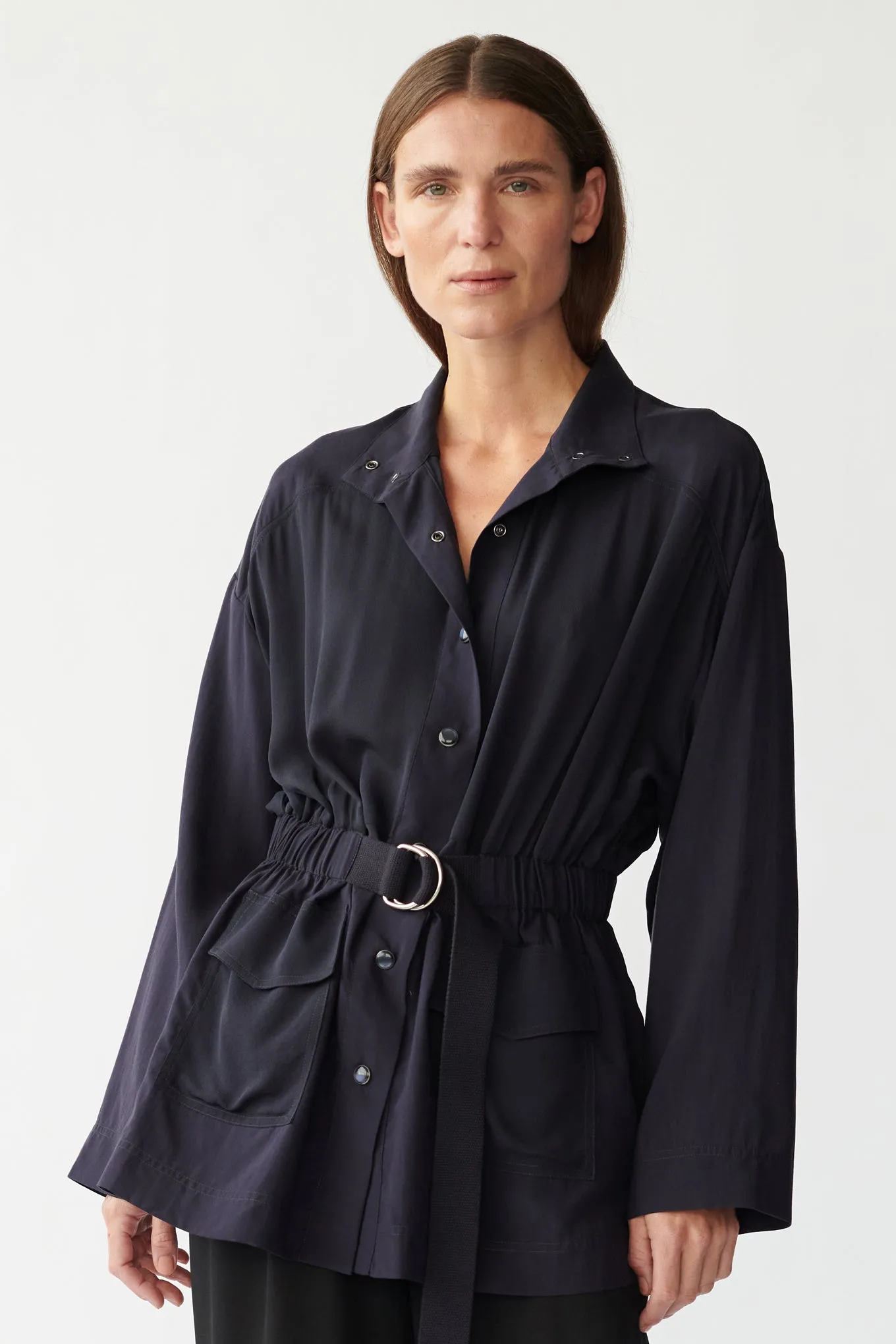 STEVIE SHIRT JACKET - DARK NAVY - SILK GEORGETTE & SILK/COTTON