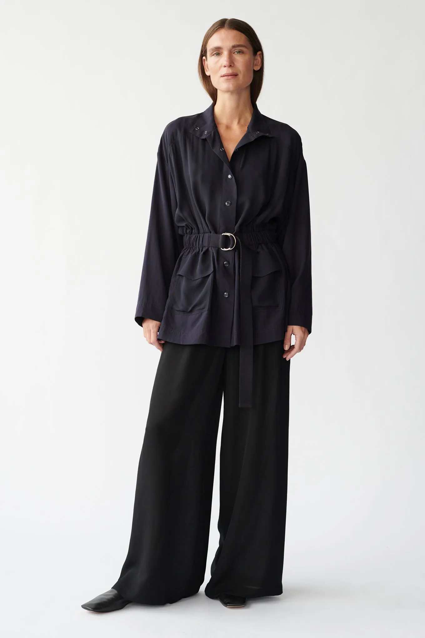 STEVIE SHIRT JACKET - DARK NAVY - SILK GEORGETTE & SILK/COTTON