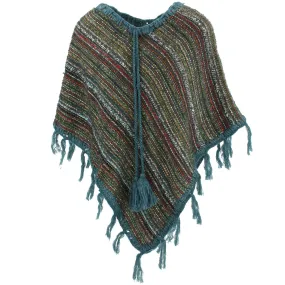 Stripe Crochet Poncho Short - Green Multi/Blue