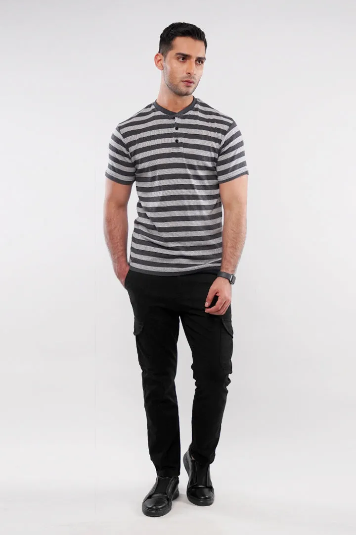 Striped Henley T-Shirt - Grey