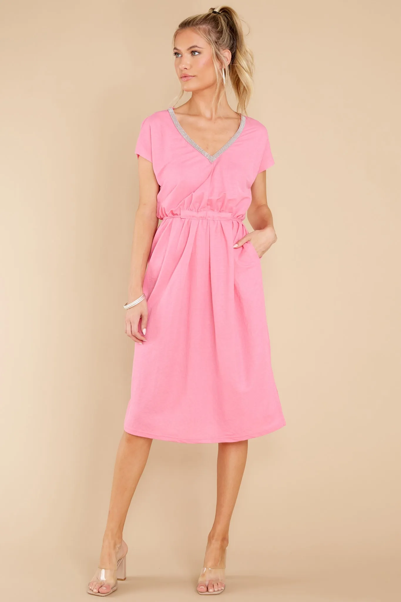 Stroll Around Town Pink Neon V-Neck Jersey Midi Dress