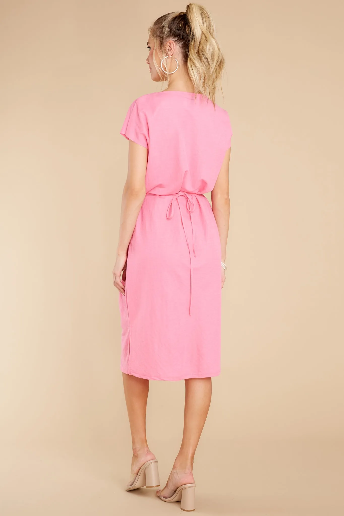 Stroll Around Town Pink Neon V-Neck Jersey Midi Dress