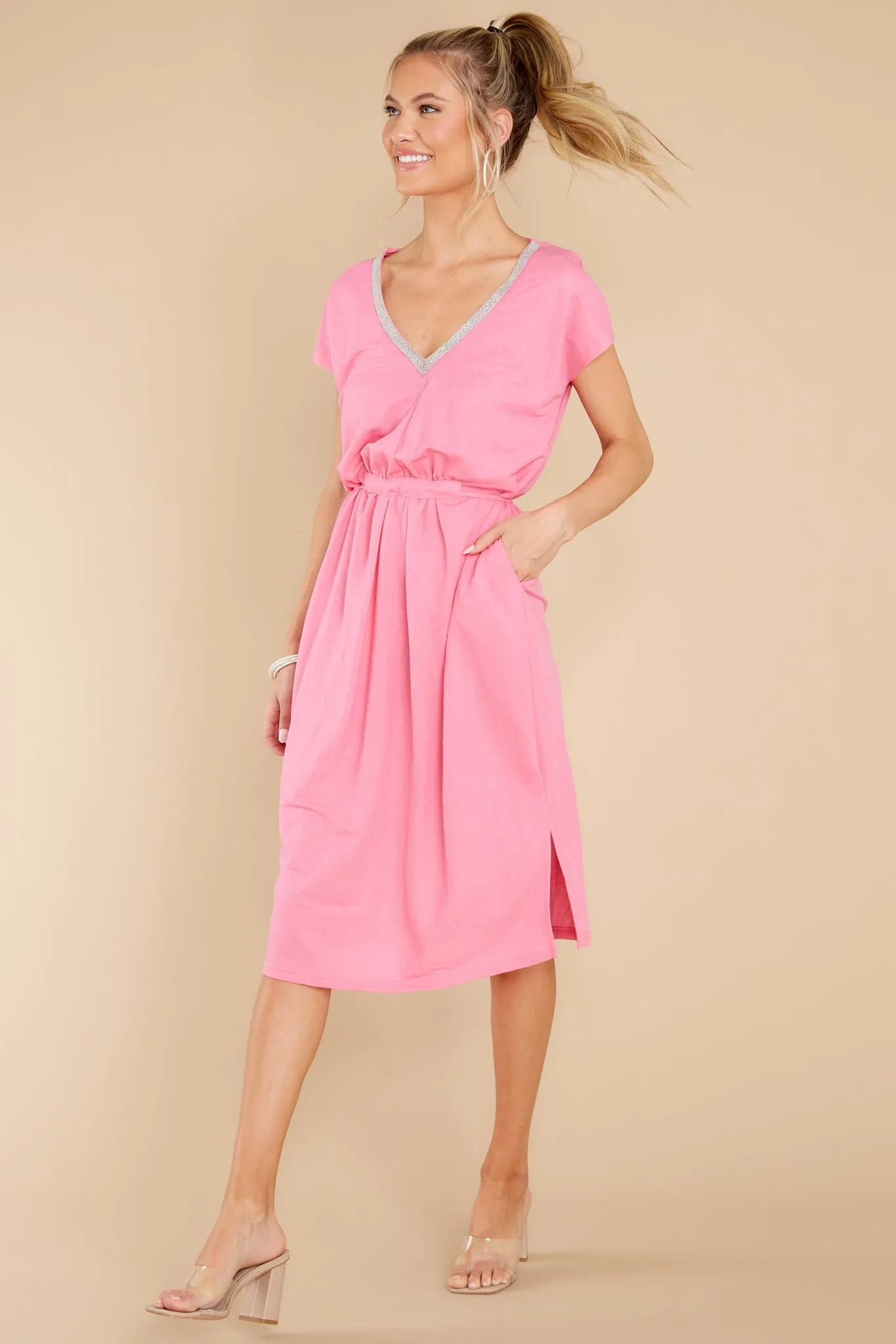 Stroll Around Town Pink Neon V-Neck Jersey Midi Dress