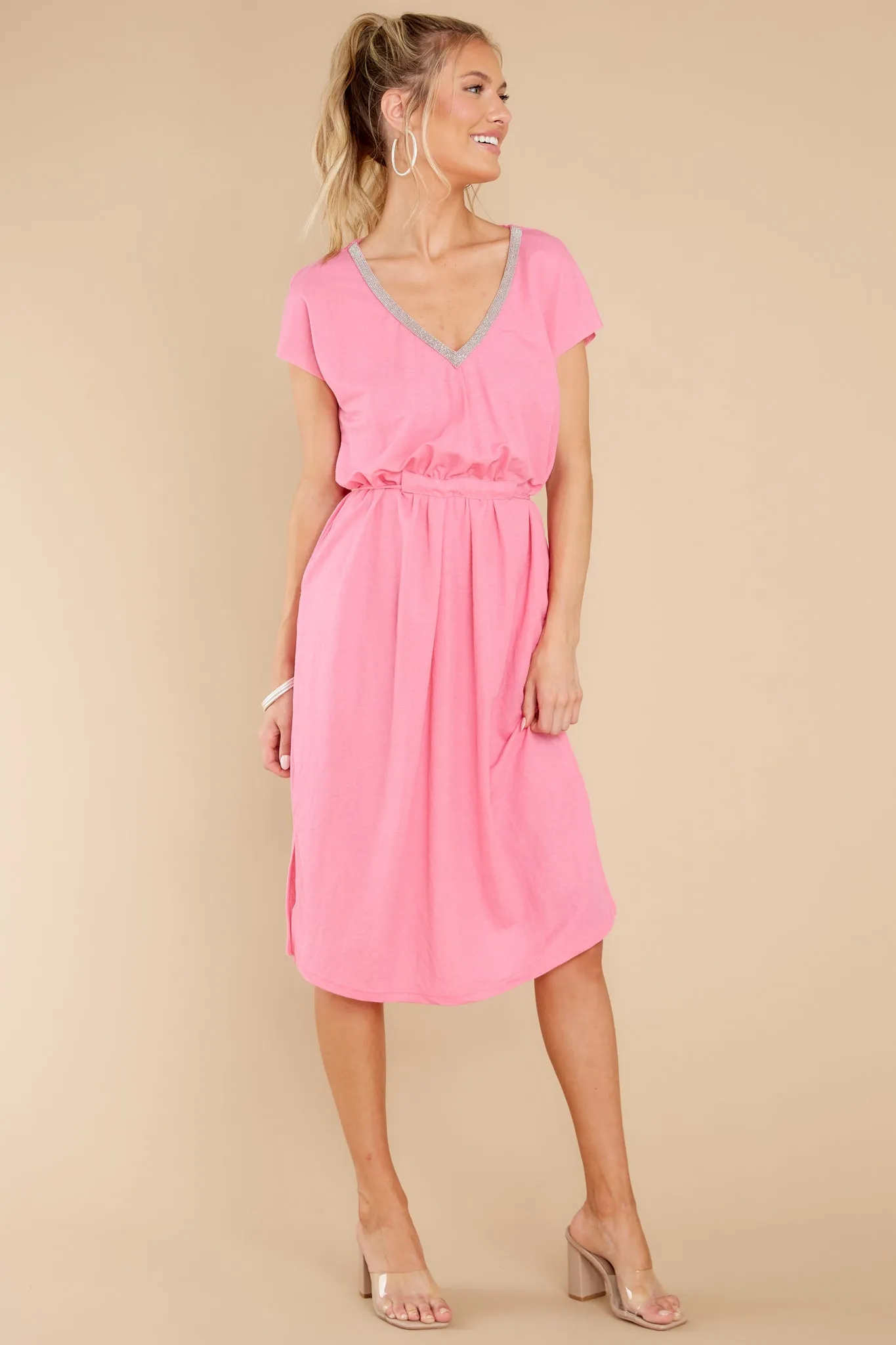 Stroll Around Town Pink Neon V-Neck Jersey Midi Dress