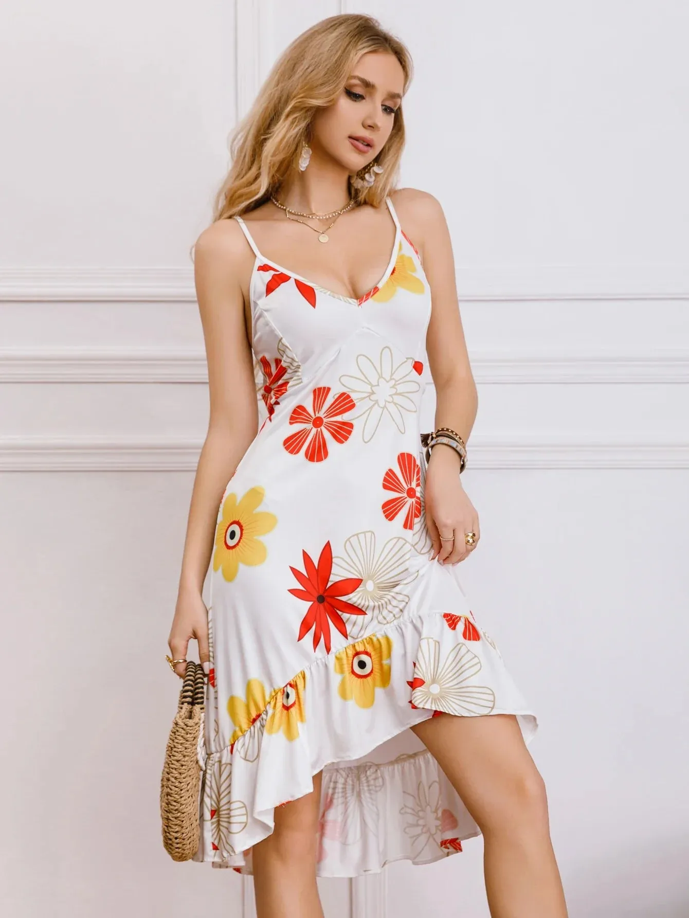 Summer Front Camisole Strap Print Back Asymmetrical Spaghetti Elegant Floral Long Hem Short Dress