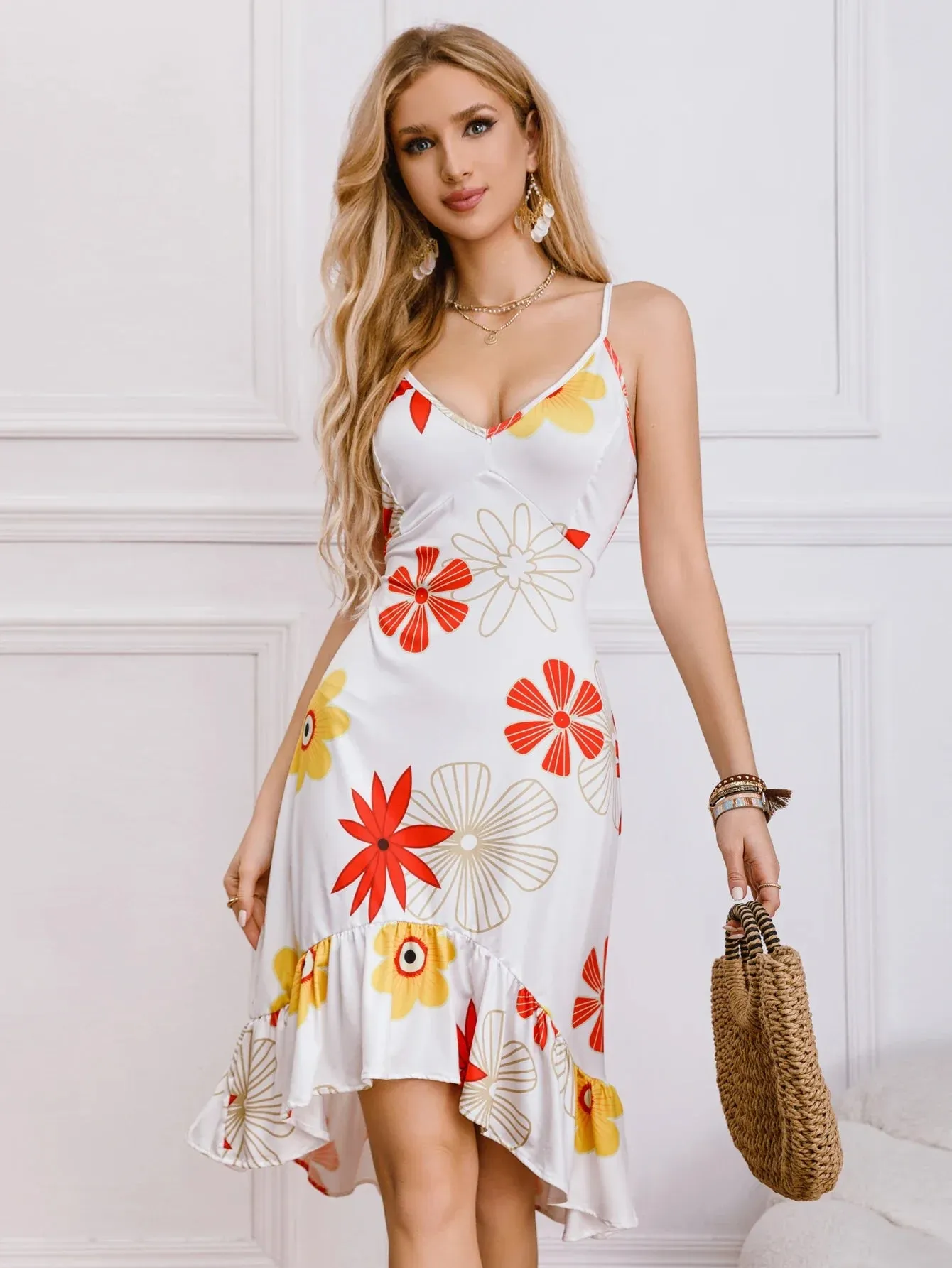 Summer Front Camisole Strap Print Back Asymmetrical Spaghetti Elegant Floral Long Hem Short Dress