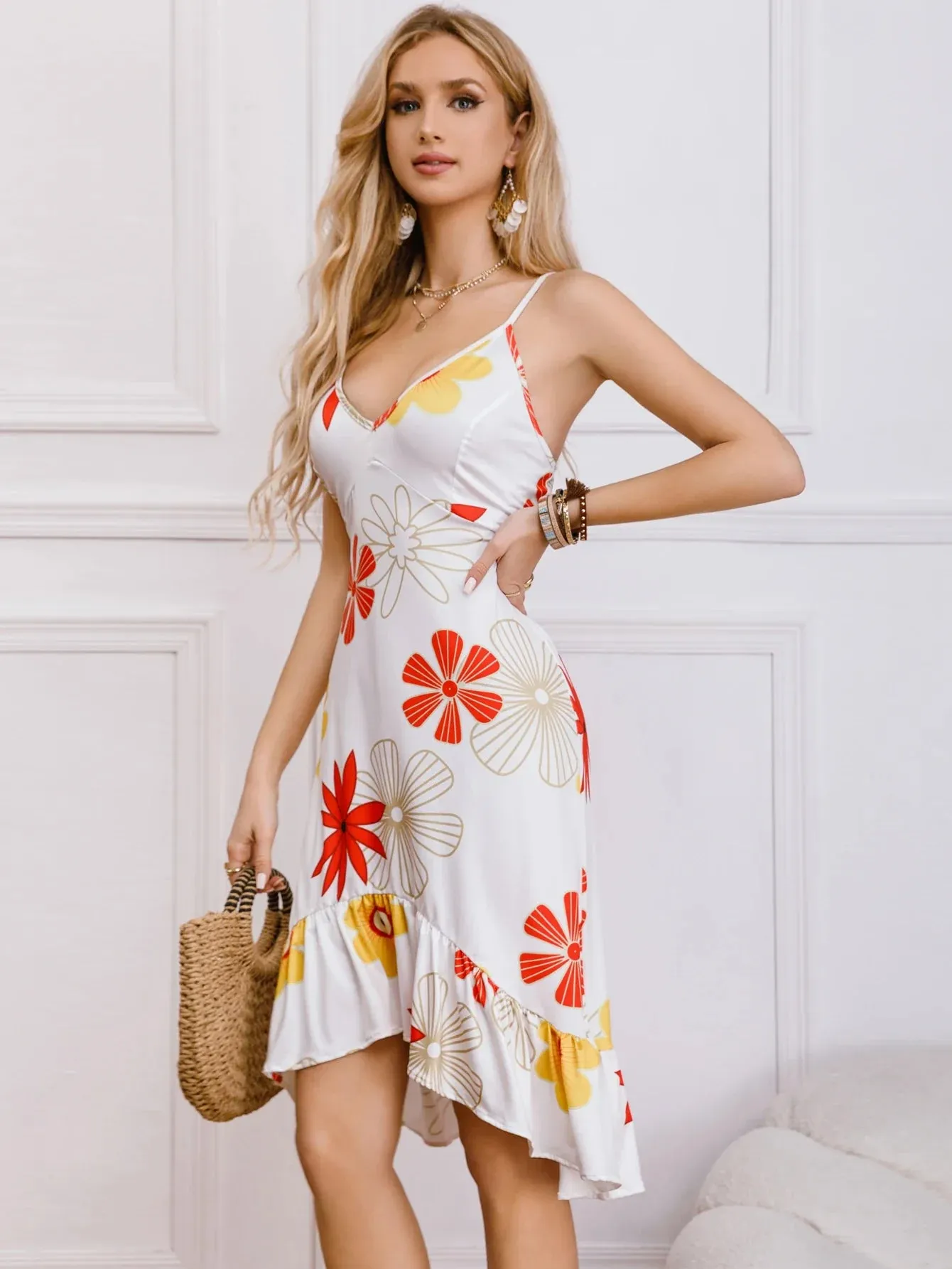 Summer Front Camisole Strap Print Back Asymmetrical Spaghetti Elegant Floral Long Hem Short Dress