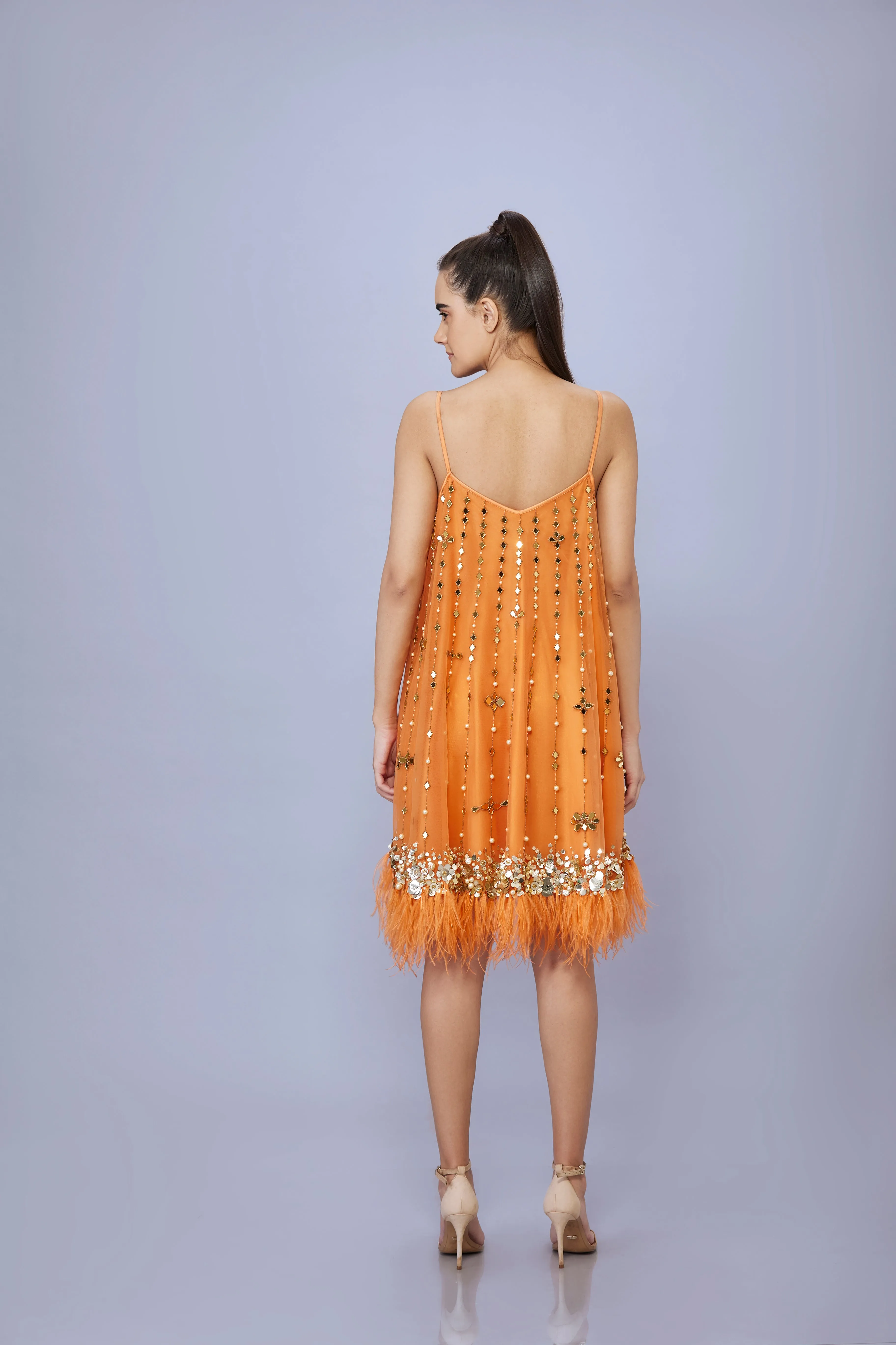 Sunset orange Camisole dress with mirror embroidery & feather fringe