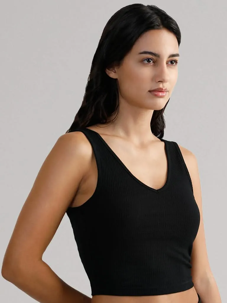 Superstar Black Deep V Neck Cotton Ribbed Crop Camisole