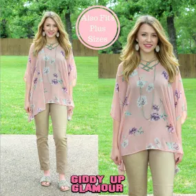 Sure Thing Sheer Floral Print Oversized Poncho Top in Dusty Pink