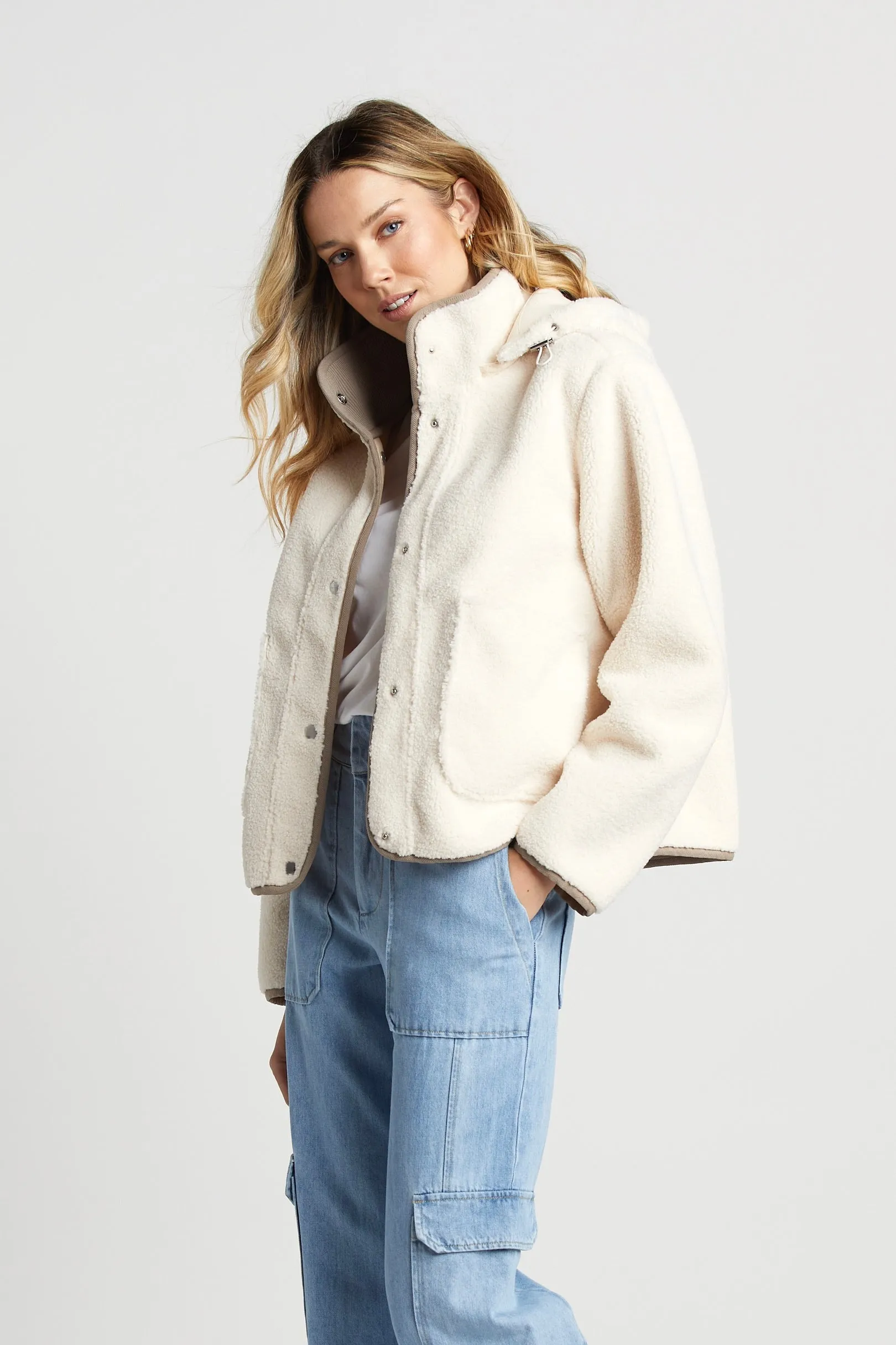 Sydney Faux Shearling Jacket w/ Detachable Hood & Taupe Accent Details