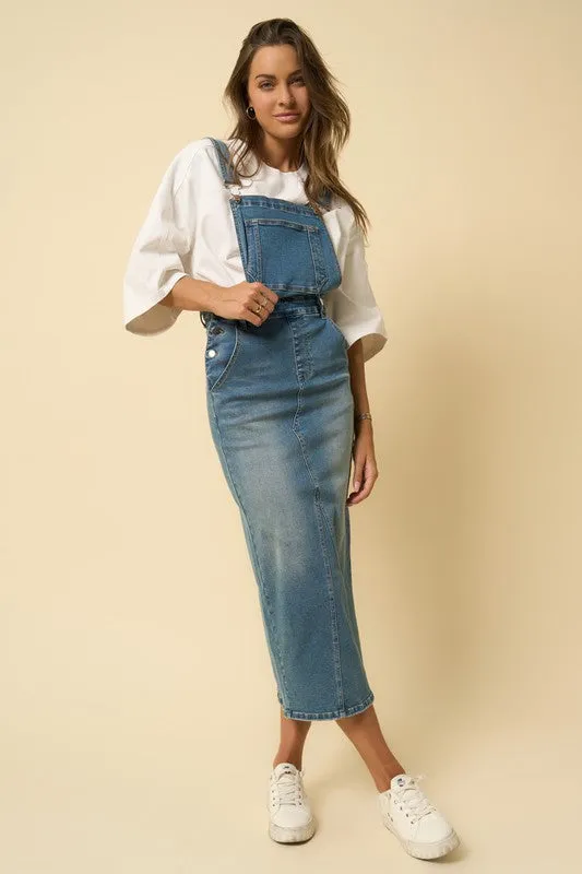 TEEK - DENIM BLUE BACKLESS OVERALL LONG SKIRT