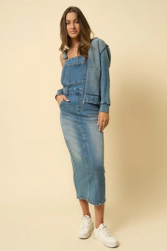 TEEK - DENIM BLUE BACKLESS OVERALL LONG SKIRT