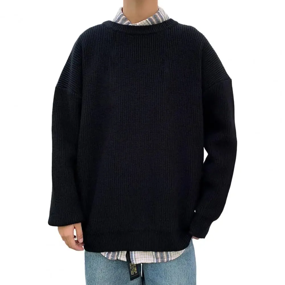 Toleet Y2K Street Style Men Sweater Round Neck Long Sleeves Anti-shrink Stretchy Knit Sweater Loose Pullover Elastic Autumn Sweater Men Clothes