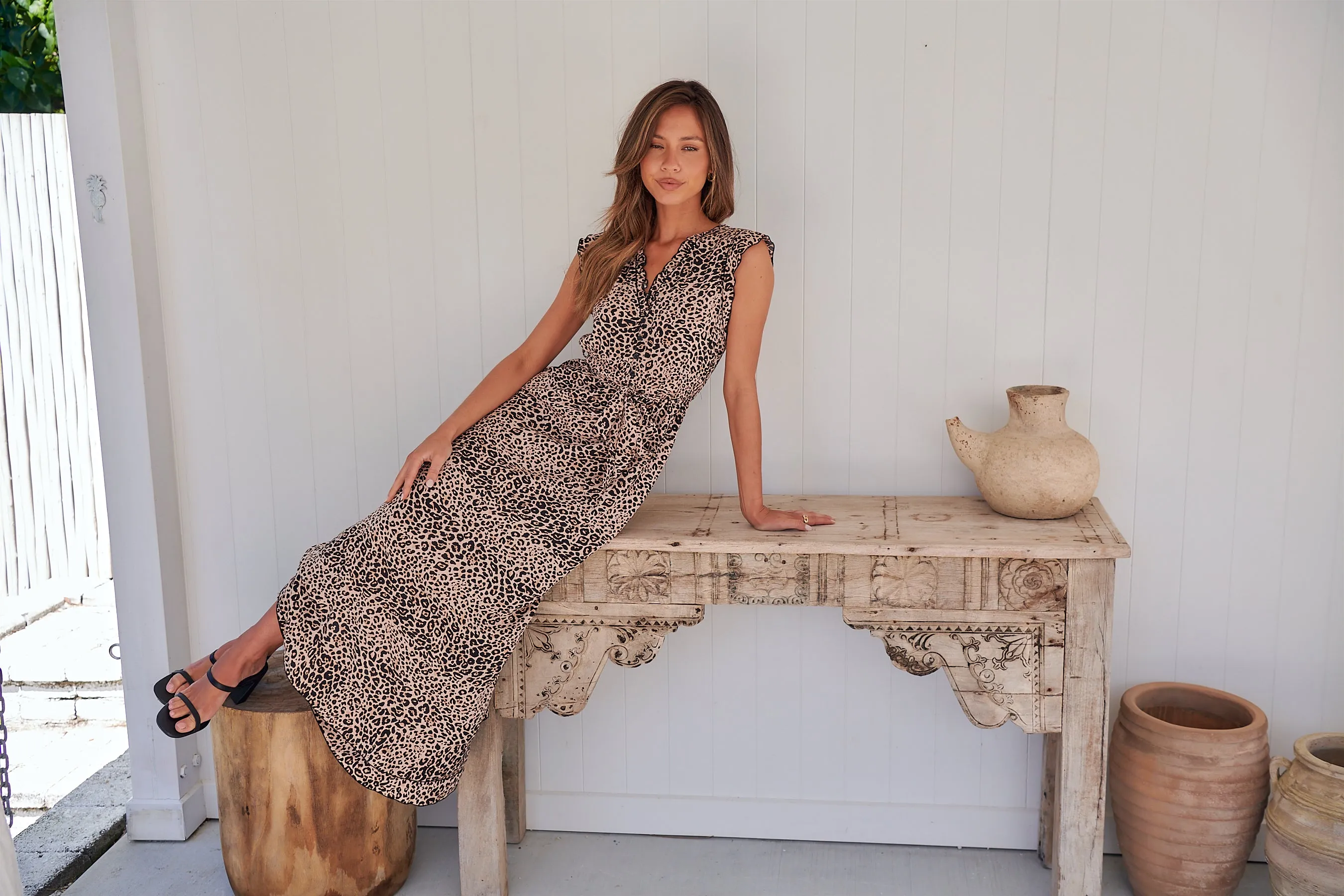 Trissa Animal Light Beige Print Maxi Dress