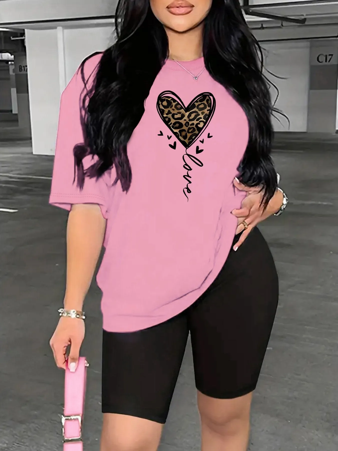 Two-Piece Leopard Heart Print Set - Stylish Short Sleeve T-Shirt & Comfy Short Leggings for Women - Casual, Breathable, and Soft Clothing for Everyday Wear