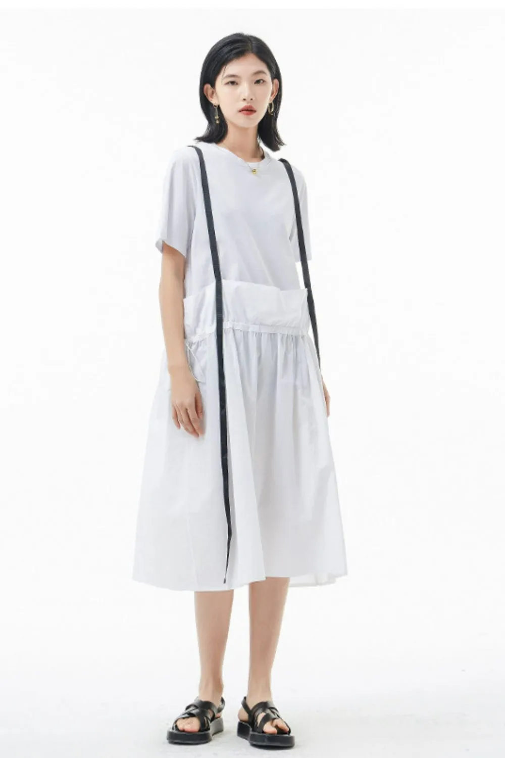 Two-Tone Drawstring Detail Faux Layer Overall Dress