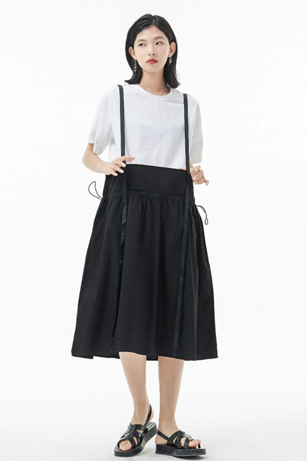 Two-Tone Drawstring Detail Faux Layer Overall Dress