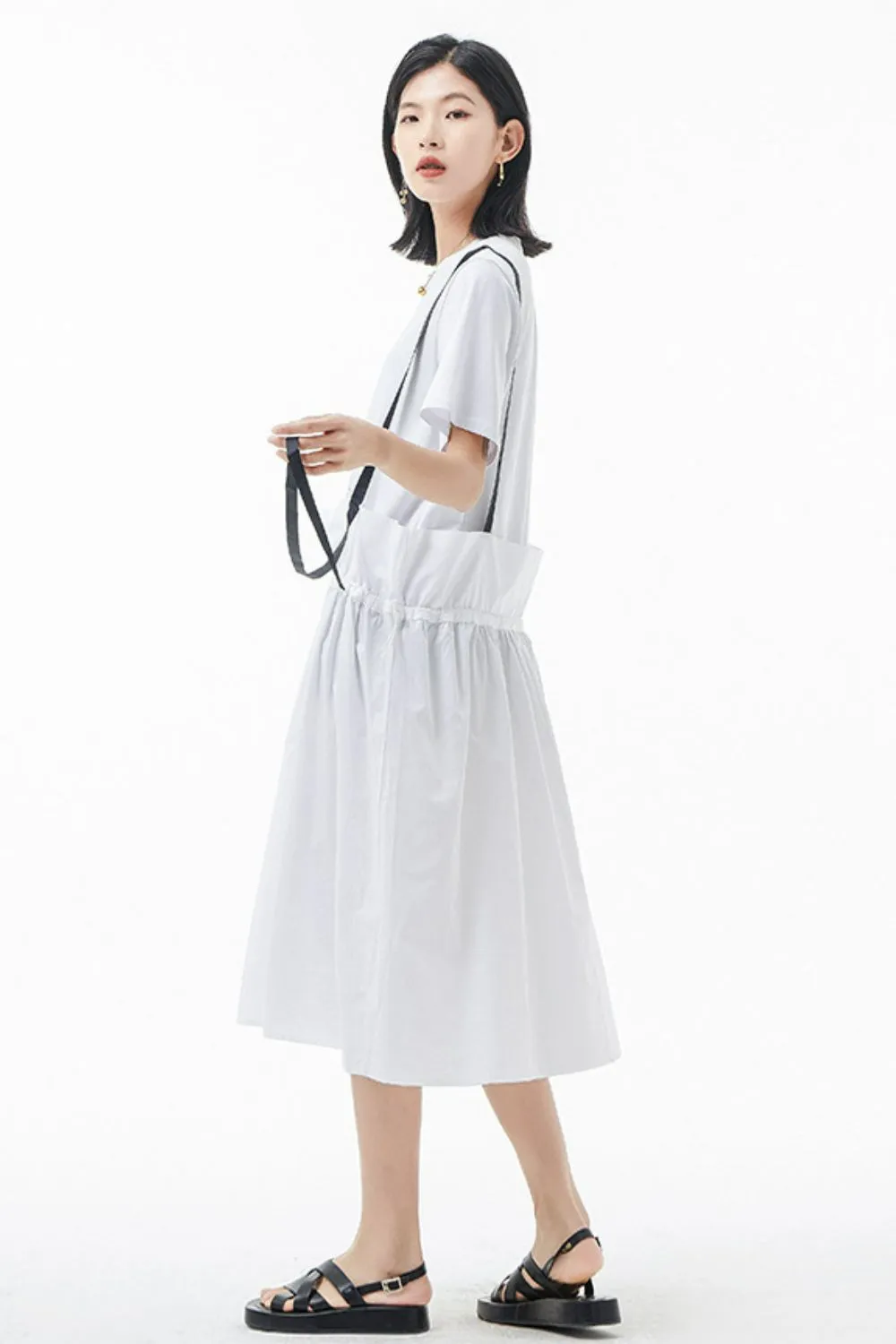 Two-Tone Drawstring Detail Faux Layer Overall Dress