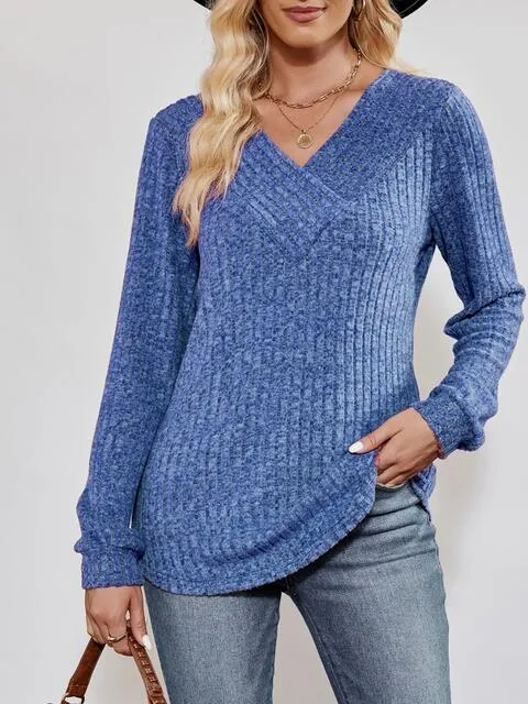 V-Neck Ribbed Long Sleeve Top