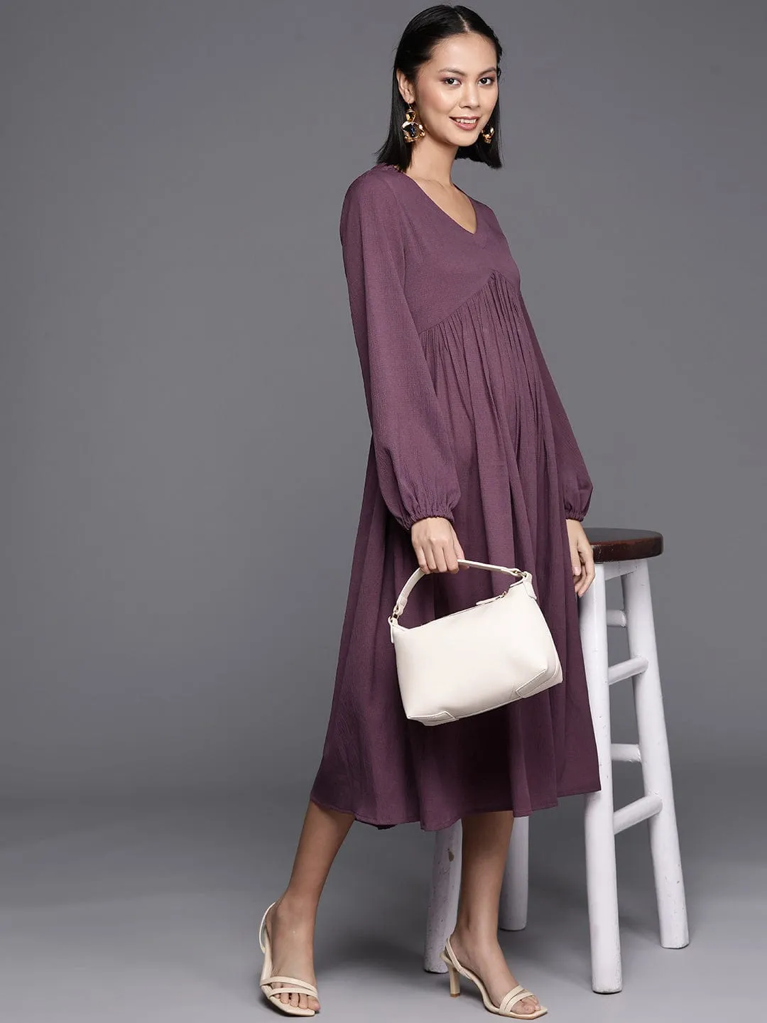 Varanga Mauve Crepe A Line Midi Dress