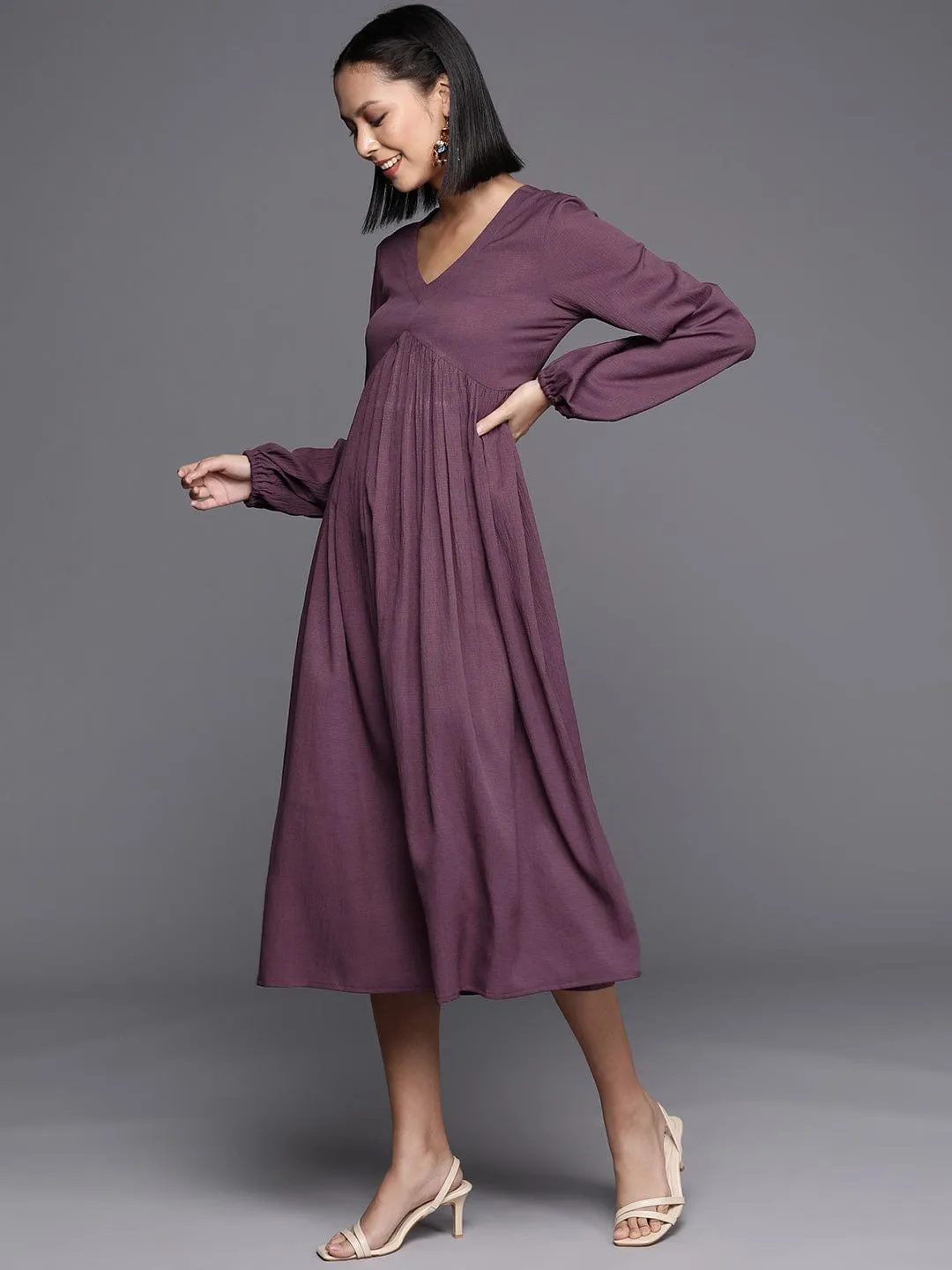 Varanga Mauve Crepe A Line Midi Dress