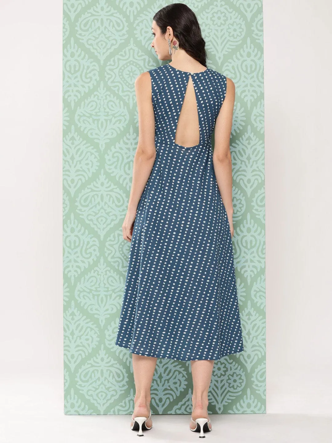 Varanga Women Blue And White Dotted Printed A Line Dress