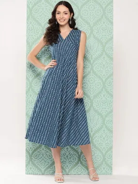 Varanga Women Blue And White Dotted Printed A Line Dress