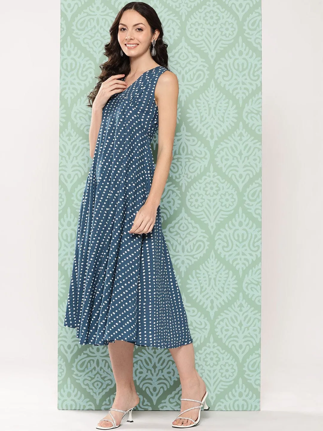 Varanga Women Blue And White Dotted Printed A Line Dress