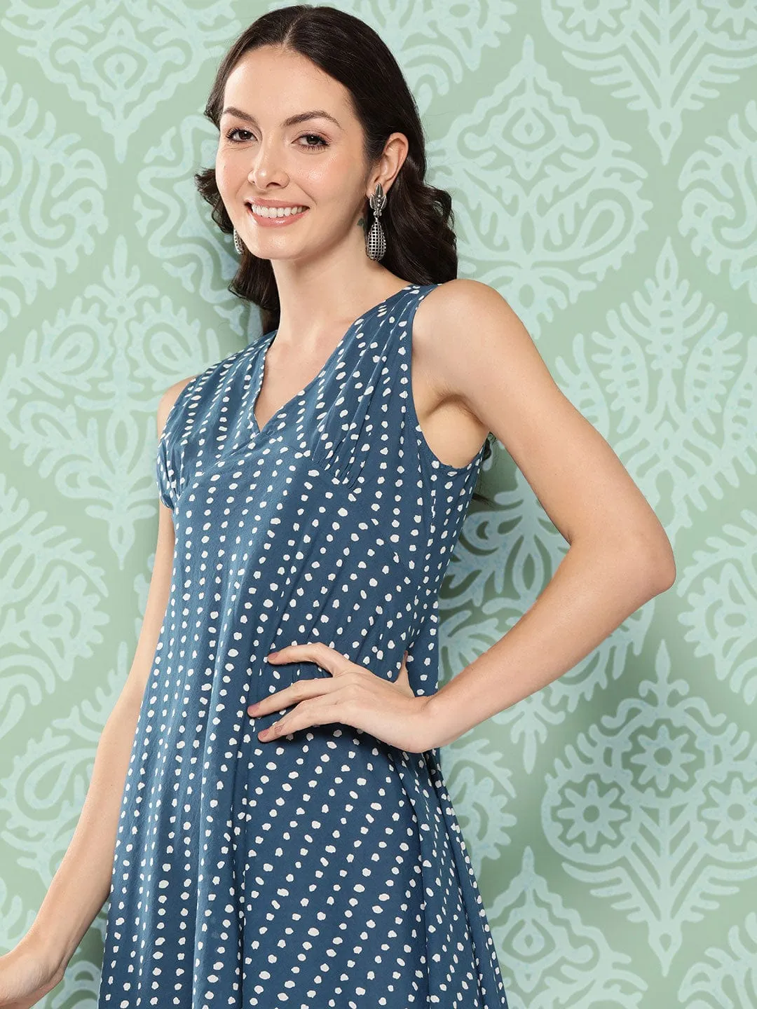 Varanga Women Blue And White Dotted Printed A Line Dress