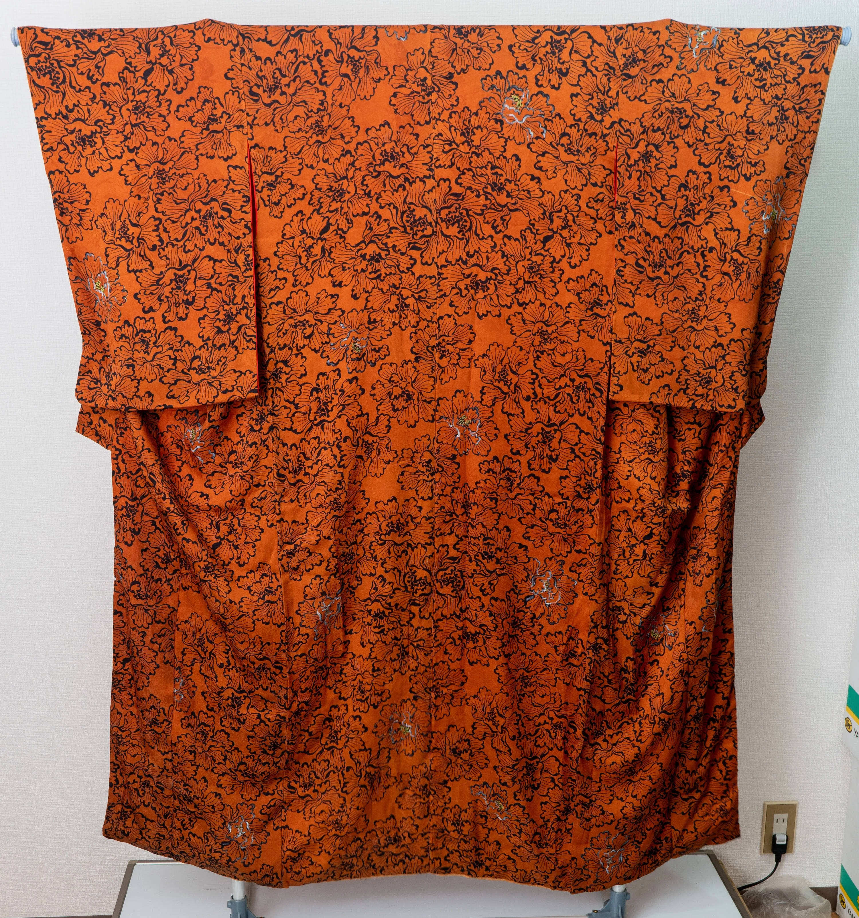 Vibrant Brown Silk Kimono - Peony Botan Pattern with Hand-Painted Accents