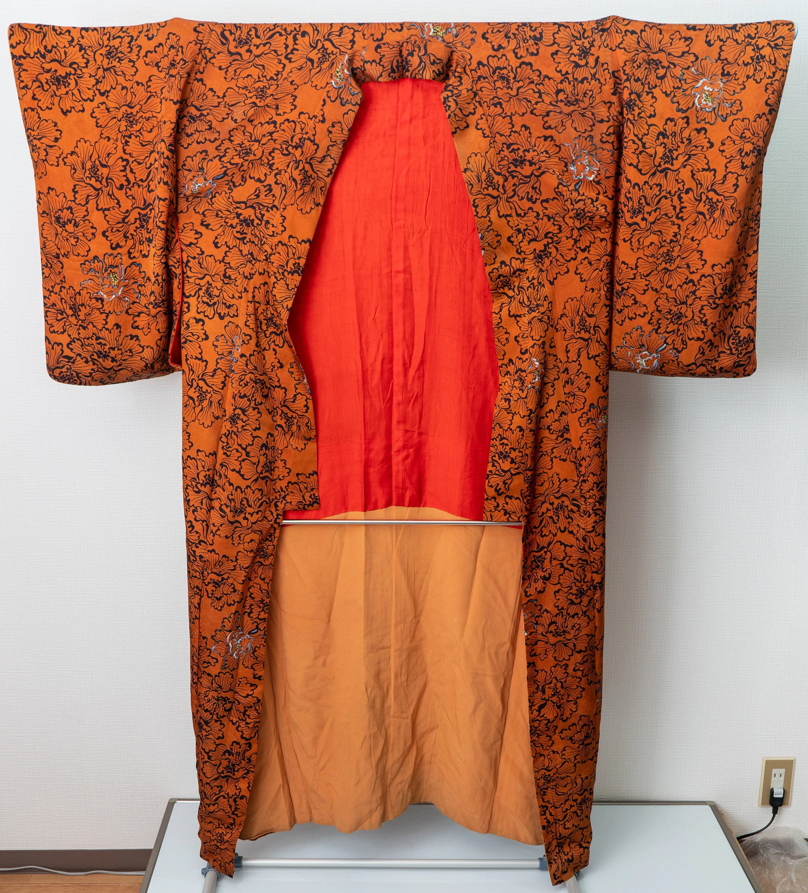 Vibrant Brown Silk Kimono - Peony Botan Pattern with Hand-Painted Accents